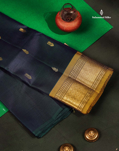 One Side Border Pure Silk Saree - Black Zari Butta With Contrast Olive Traditional Border