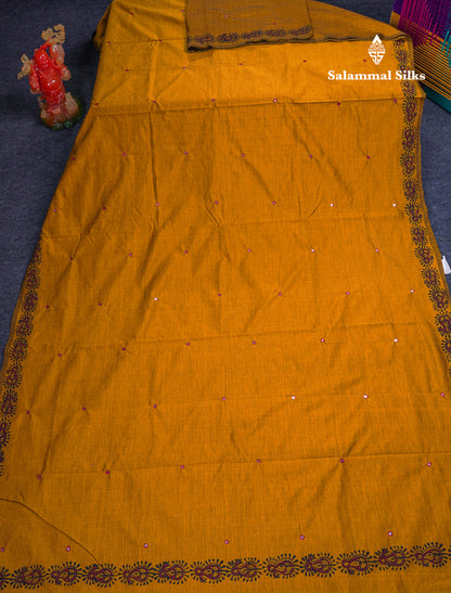 Beautiful Olive Mustard Yellow Mirror Work South Cotton Printed Saree With Contrast Maroon Blouse