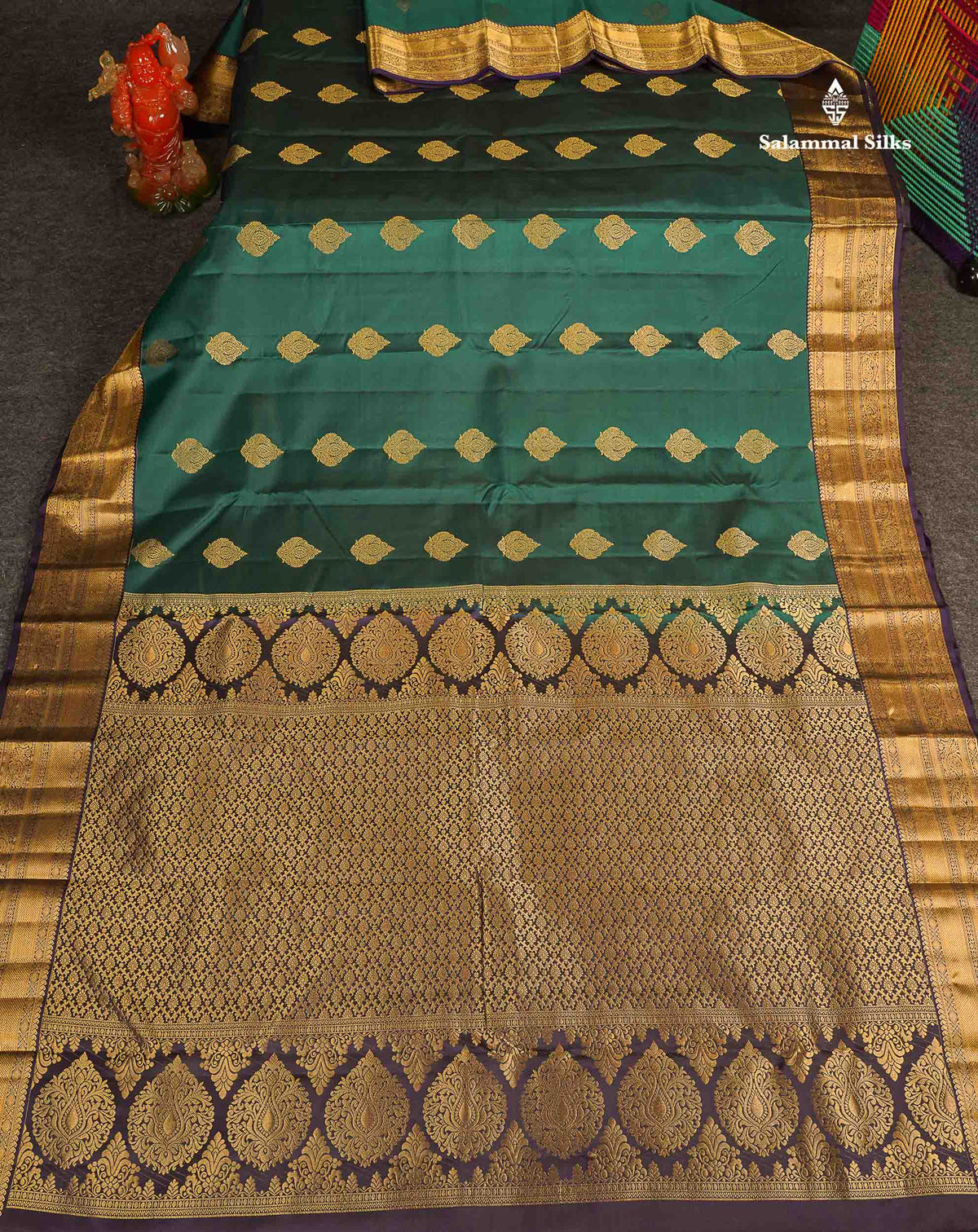 Pure Kanjivaram Silk Saree - Teal Green Colour Body With Dark Purple Border 