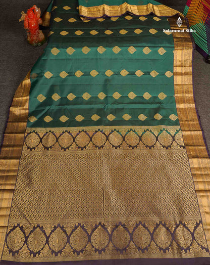 Pure Kanjivaram Silk Saree - Teal Green Colour Body With Dark Purple Border 