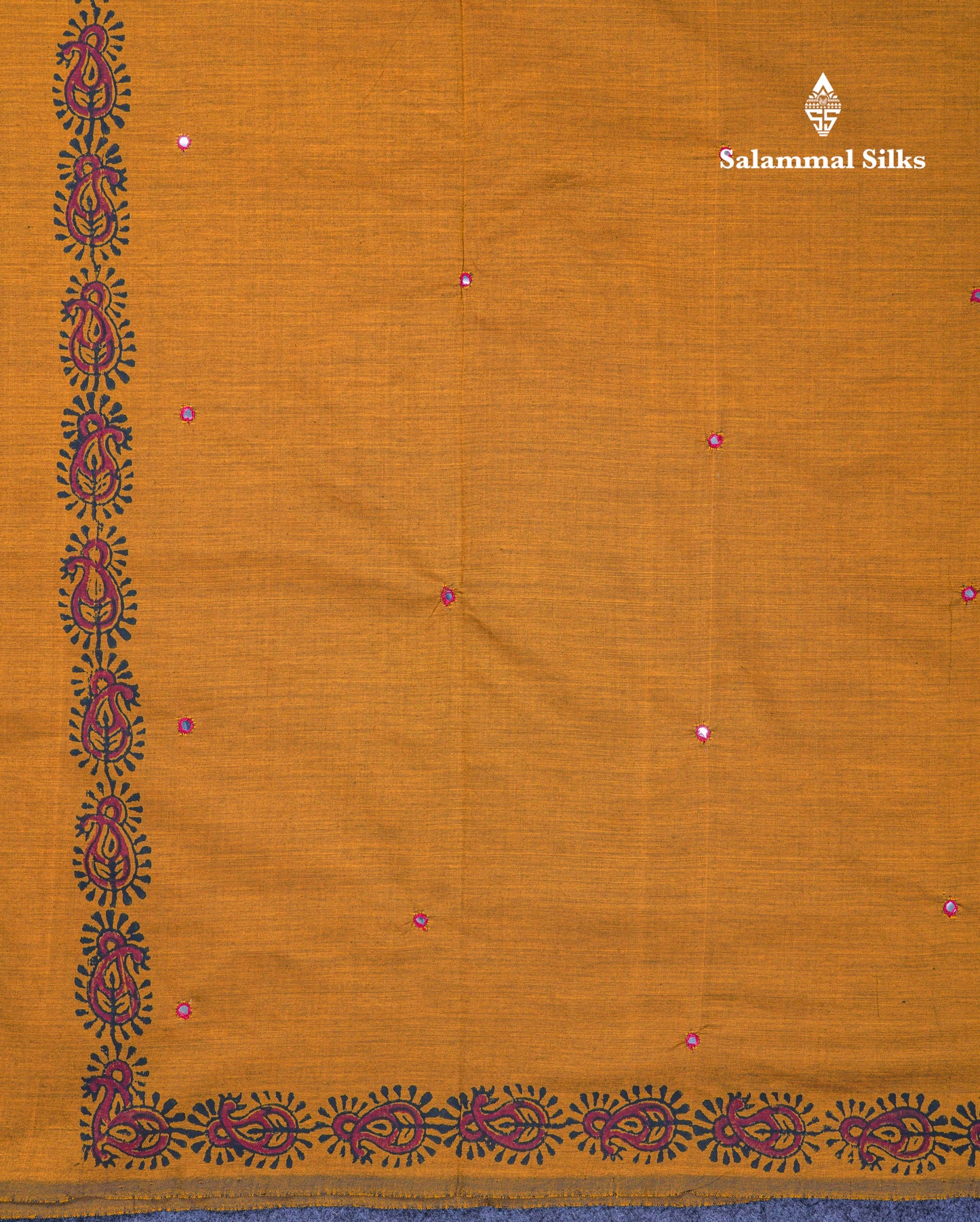Beautiful Olive Mustard Yellow Mirror Work South Cotton Printed Saree With Contrast Maroon Blouse