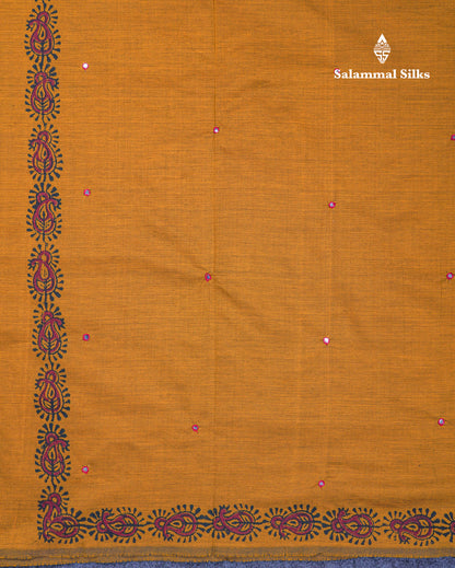Beautiful Olive Mustard Yellow Mirror Work South Cotton Printed Saree With Contrast Maroon Blouse