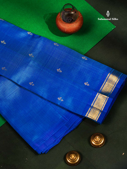 One Side Border Pure Silk Saree - Dual Tone Blue Zari Butta With Small Traditional Border