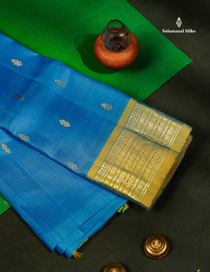 One Side Border Pure Silk Saree - Ananda Blue With Contrast Manthulir Green Traditional Border