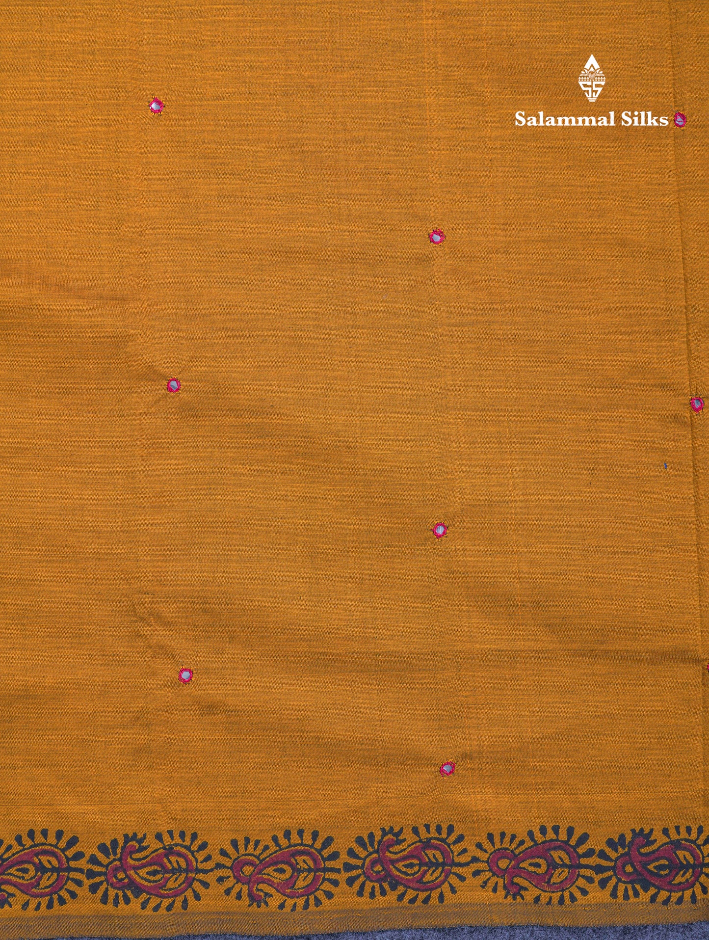 Beautiful Olive Mustard Yellow Mirror Work South Cotton Printed Saree With Contrast Maroon Blouse