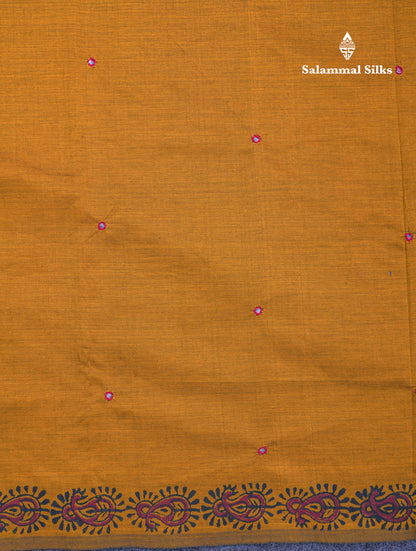 Beautiful Olive Mustard Yellow Mirror Work South Cotton Printed Saree With Contrast Maroon Blouse
