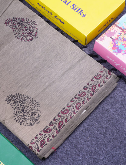 Beautiful Cream Sandal South Cotton Printed Saree With Contrast Redish Maroon Blouse