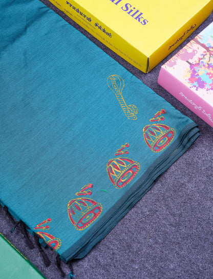 Beautiful Sapphire Green South Cotton Printed Saree With Contrast Mustard Yellow Blouse