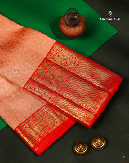 Korvai Beautiful Peach Checks With Butta Pure Kanjivaram Silk Saree Pure Zari with Contrast Chilly Red Traditional Evening Morning Border