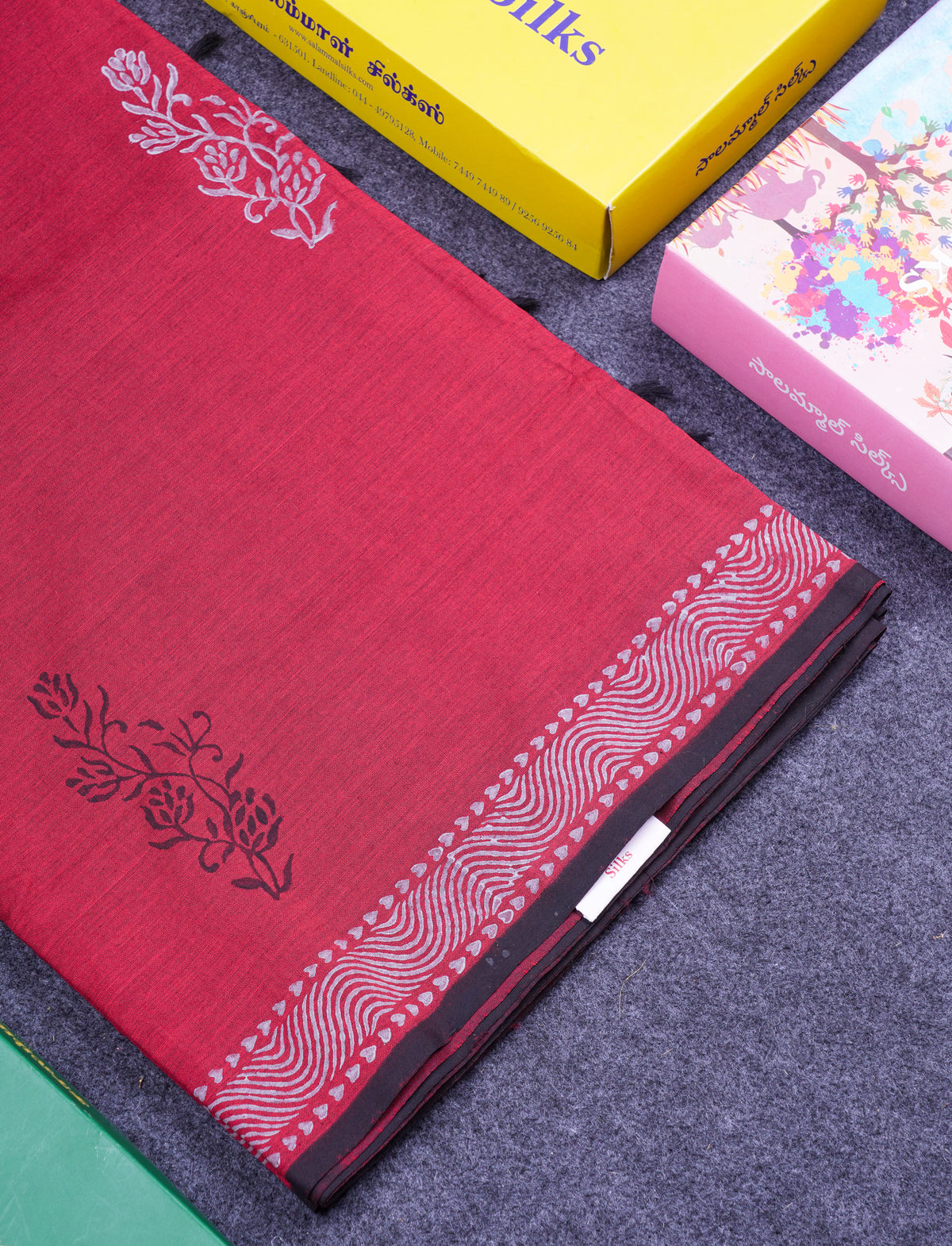 Beautiful Dark Maroon South Cotton Printed Saree With Contrast Grey White Blouse