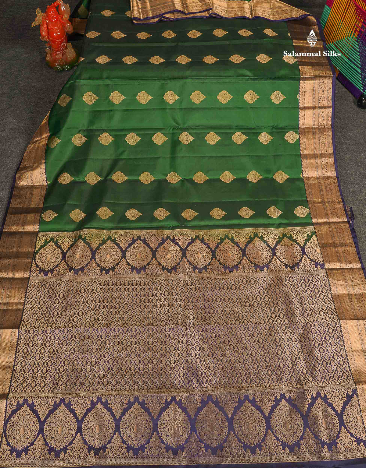 Pure Kanjivaram Silk Saree - Bottle Green Colour Body With Dark Violet Border 