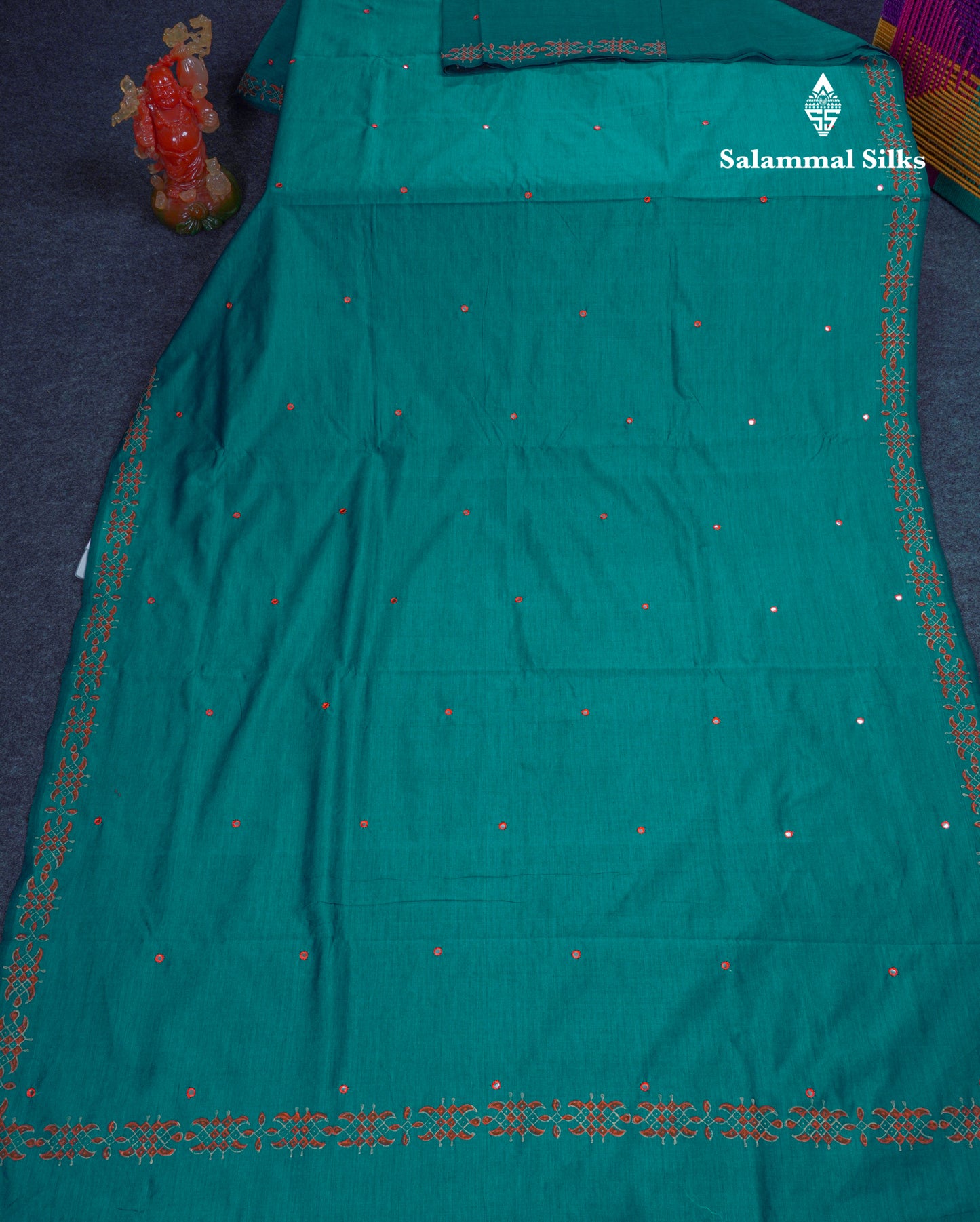 Beautiful Peacock Green Mirror Work South Cotton Printed Saree With Contrast Orange Blouse