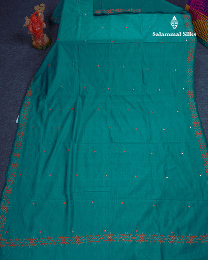 Beautiful Peacock Green Mirror Work South Cotton Printed Saree With Contrast Orange Blouse