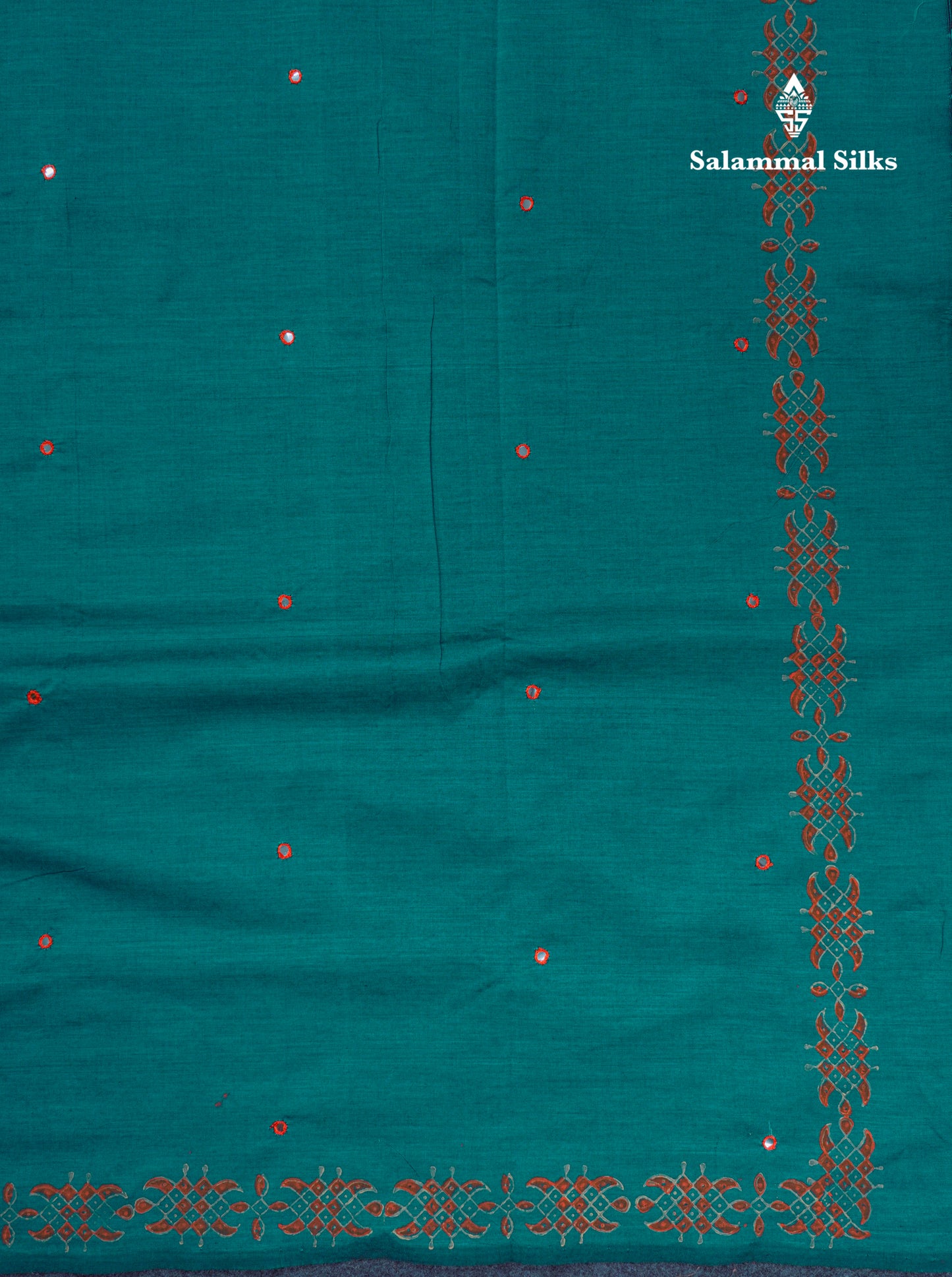 Beautiful Peacock Green Mirror Work South Cotton Printed Saree With Contrast Orange Blouse