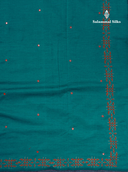 Beautiful Peacock Green Mirror Work South Cotton Printed Saree With Contrast Orange Blouse