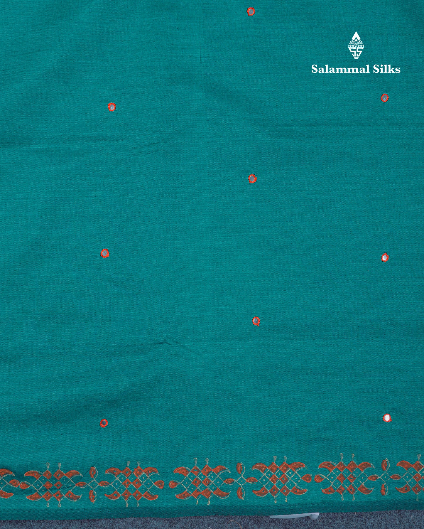 Beautiful Peacock Green Mirror Work South Cotton Printed Saree With Contrast Orange Blouse