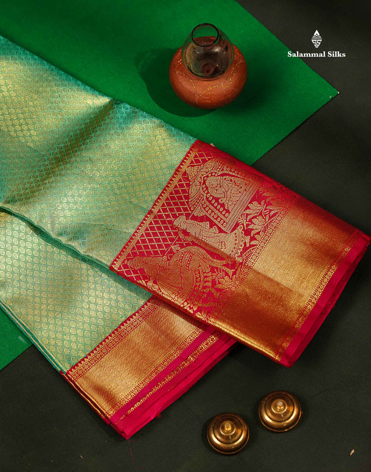 Beautiful Rexona Green Tissue Bridal Pure Kanjivaram Silk Saree With Contrast Rani Pink Traditional Evening Morning Pallaku Border