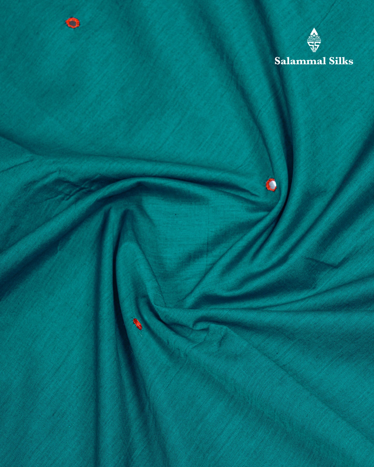 Beautiful Peacock Green Mirror Work South Cotton Printed Saree With Contrast Orange Blouse