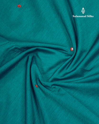 Beautiful Peacock Green Mirror Work South Cotton Printed Saree With Contrast Orange Blouse