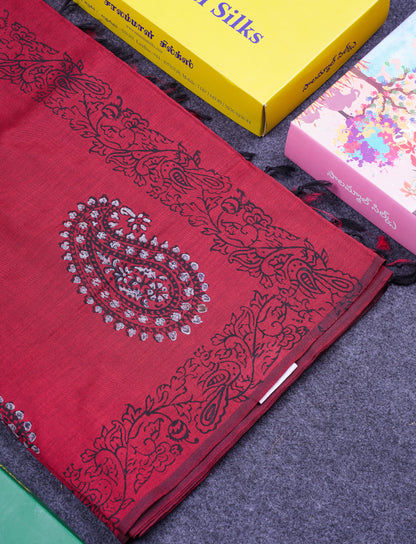 Beautiful Dark Maroon South Cotton Printed Saree With Contrast Grey White Blouse