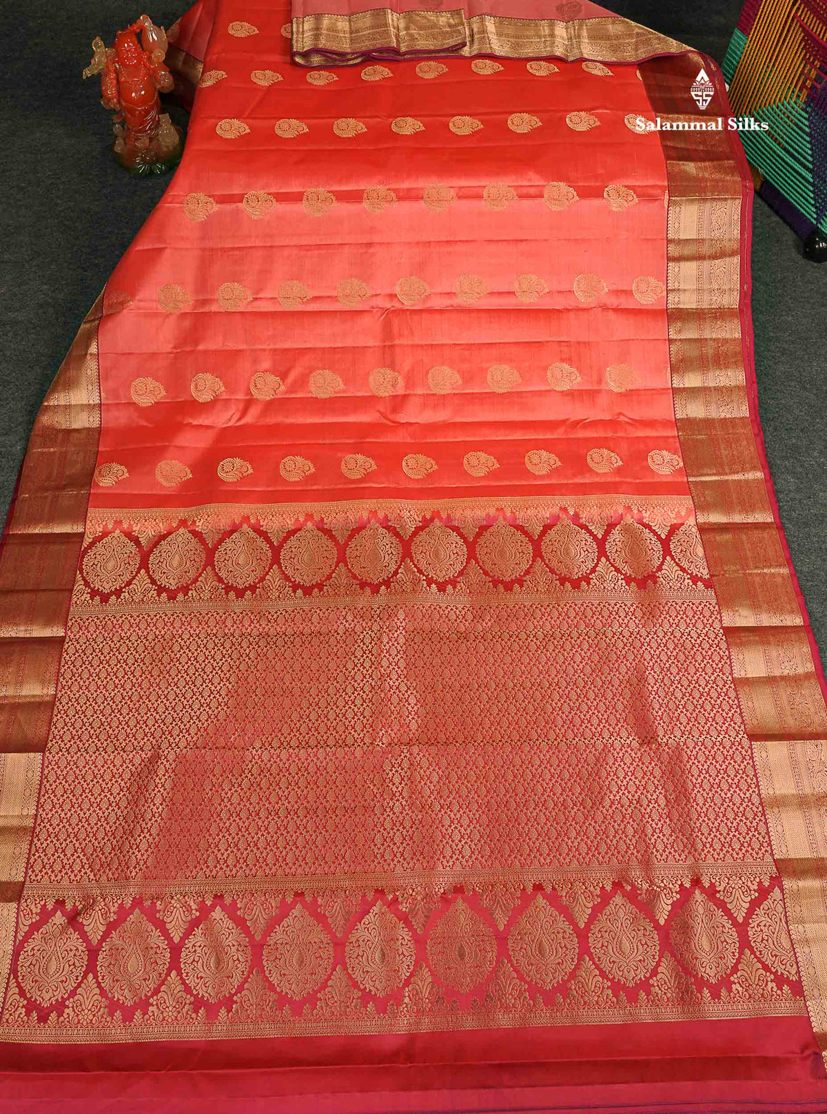 Pure Kanjivaram Silk Saree - Peach Colour Body With Traditional Border