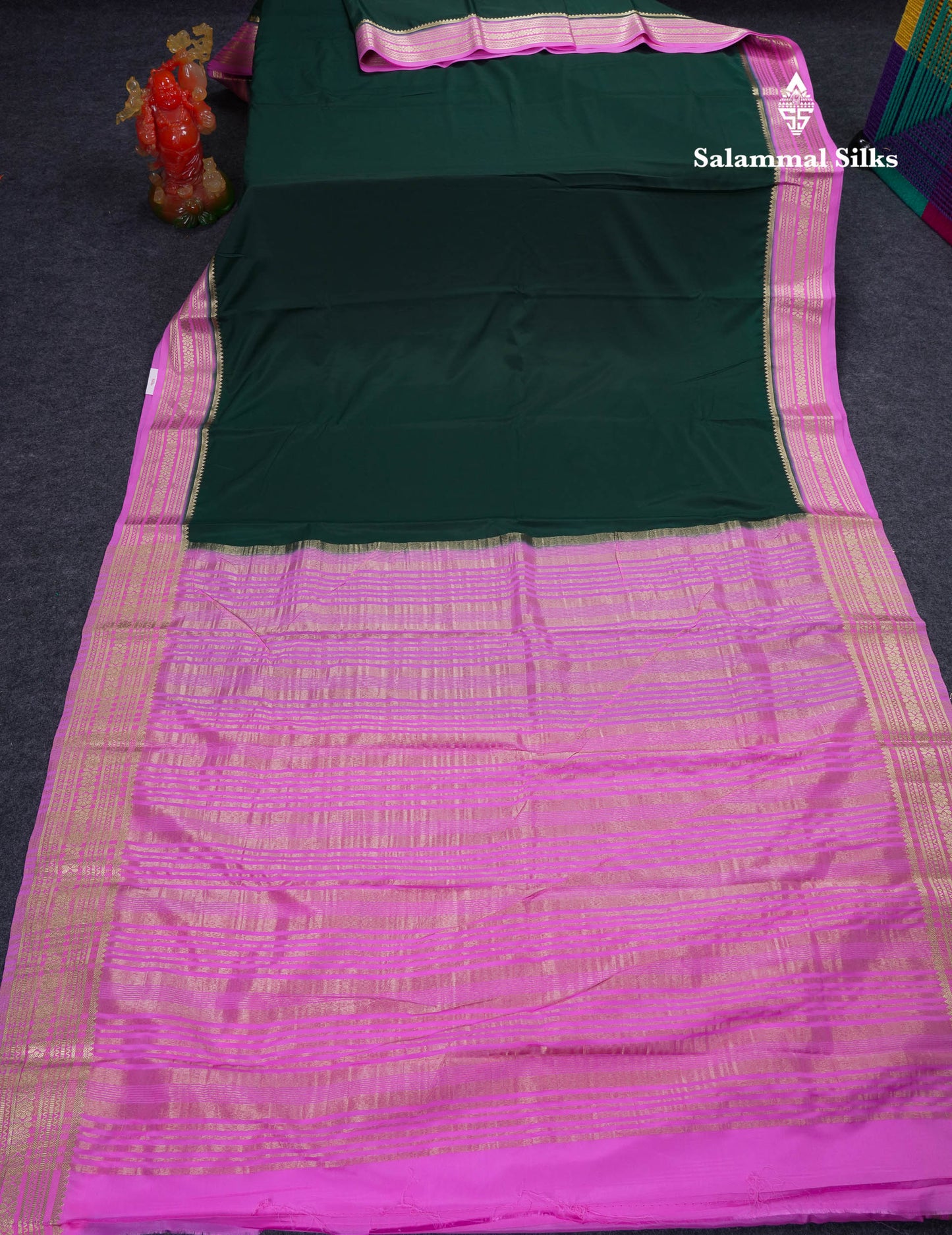 Beautiful Navy Blue Plain Semi Mysore Silk Saree With Contrast Pink Traditional Border