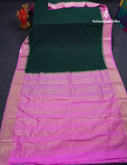 Beautiful Navy Blue Plain Semi Mysore Silk Saree With Contrast Pink Traditional Border