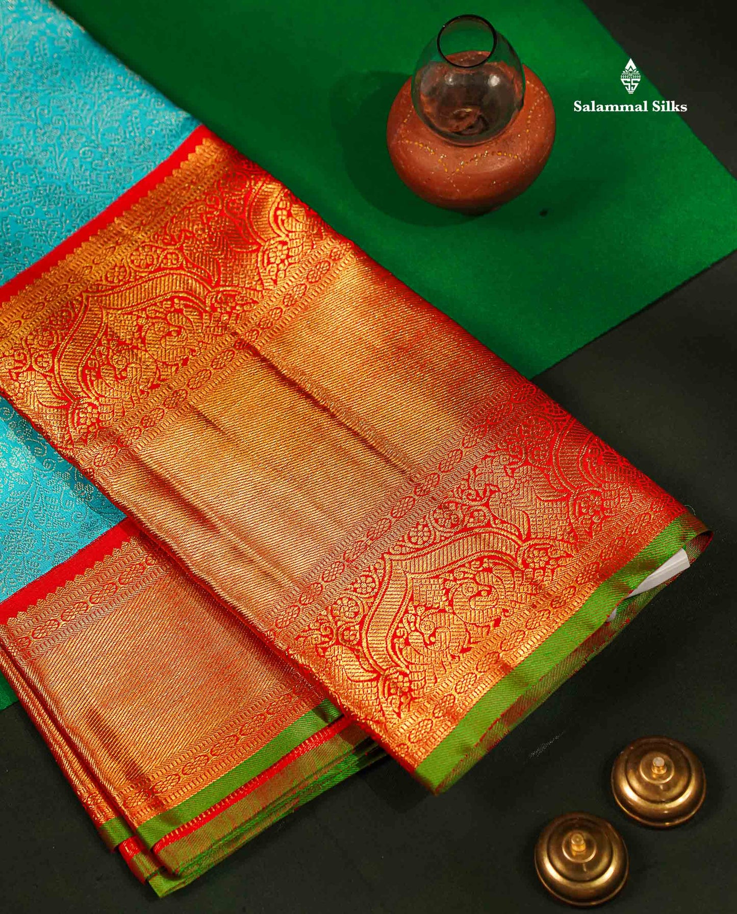 Sky Blue Pure Kanjivaram 2G Zari Silk Saree With Contrast Chilly Red Long Traditional Border