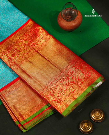 Sky Blue Pure Kanjivaram 2G Zari Silk Saree With Contrast Chilly Red Long Traditional Border
