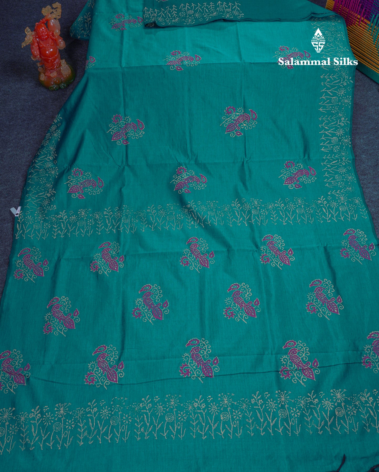 Beautiful Peacock Green South Cotton Printed Saree With Contrast Grey White Blouse