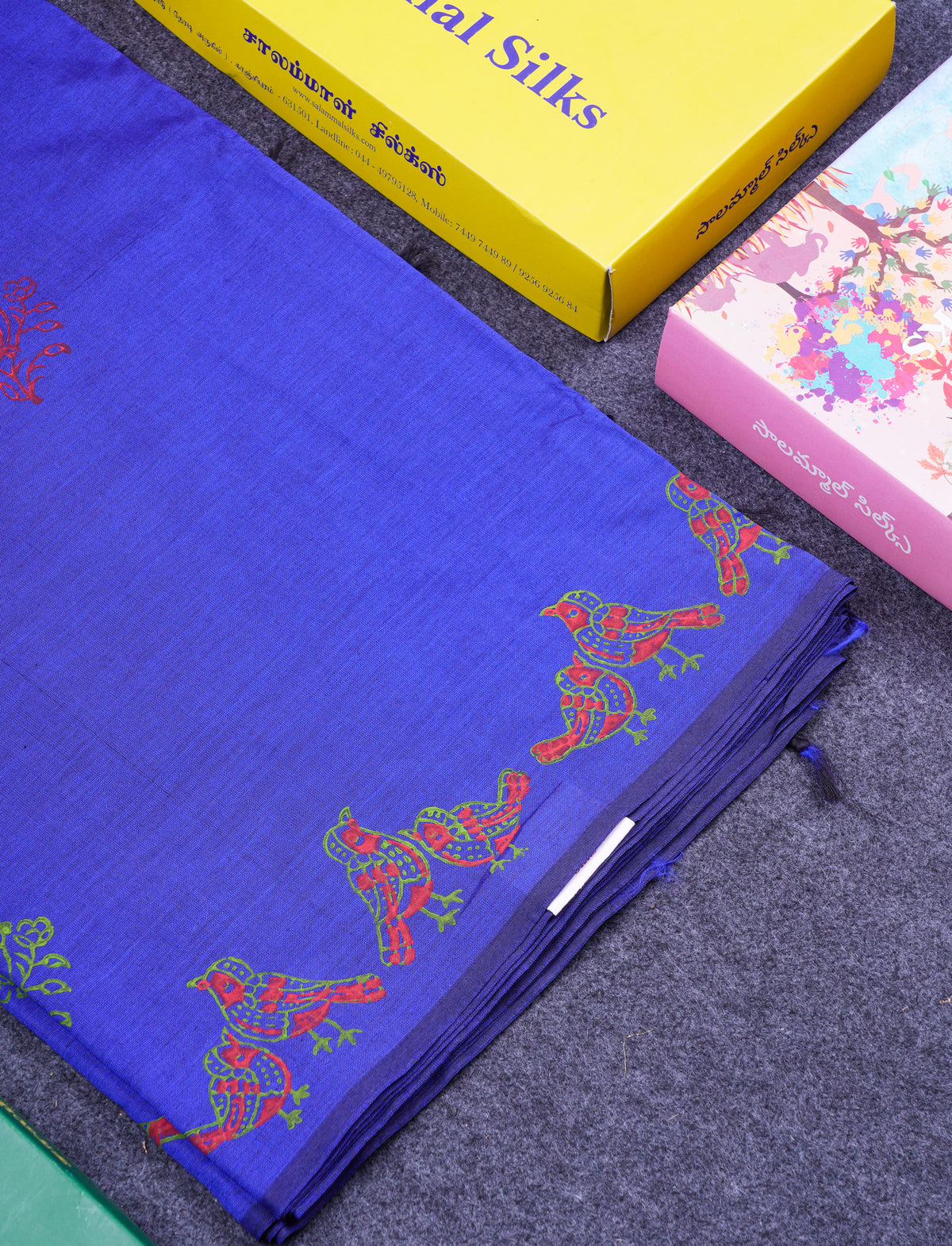 Beautiful Royal Blue South Cotton Printed Saree With Contrast Green White Blouse