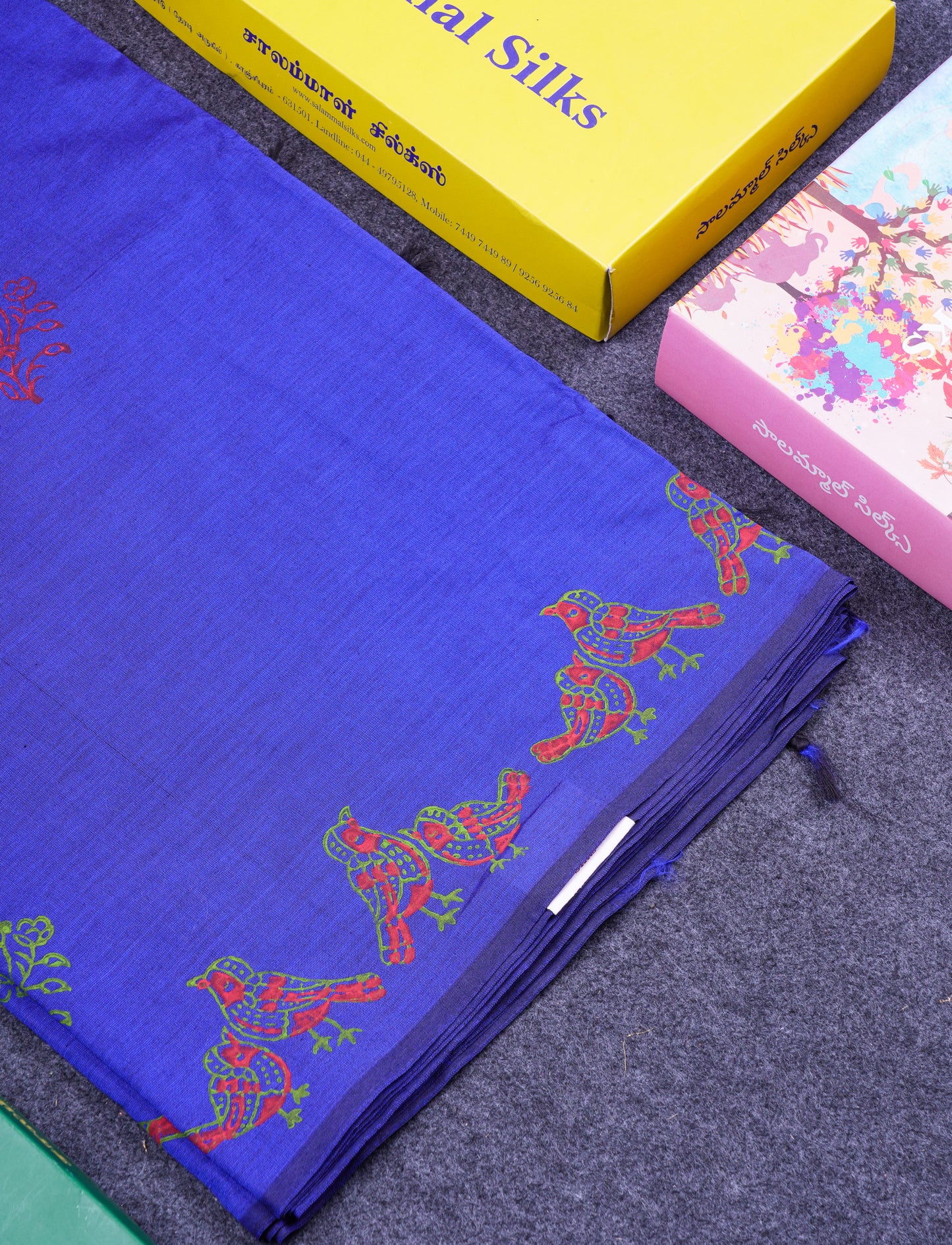 Beautiful Royal Blue South Cotton Printed Saree With Contrast Green White Blouse