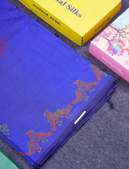Beautiful Royal Blue South Cotton Printed Saree With Contrast Green White Blouse