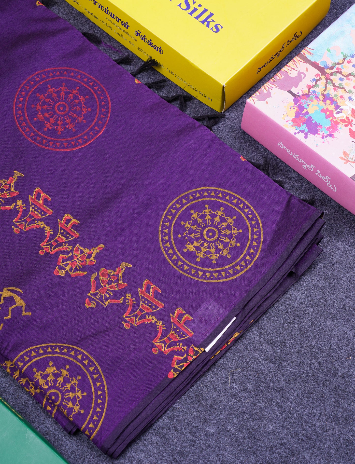 Beautiful Dark Purple South Cotton Printed Saree With Contrast Orange Blouse