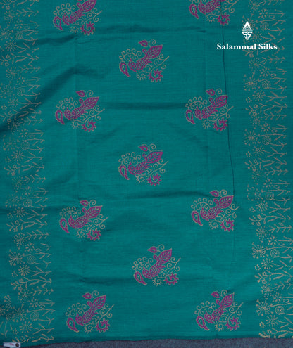 Beautiful Peacock Green South Cotton Printed Saree With Contrast Grey White Blouse