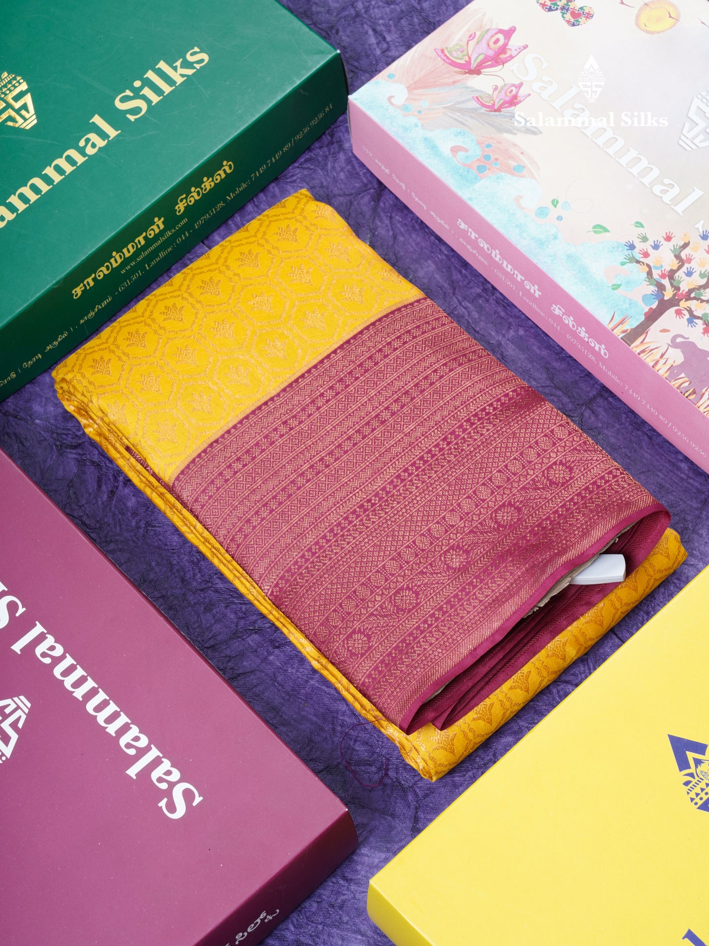 Beautiful Yellow Bridal Kanjivaram Pure Silk Saree With Dark Magenta Designer Blouse