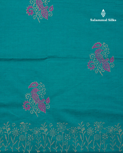 Beautiful Peacock Green South Cotton Printed Saree With Contrast Grey White Blouse