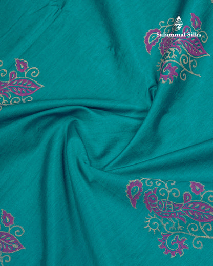 Beautiful Peacock Green South Cotton Printed Saree With Contrast Grey White Blouse