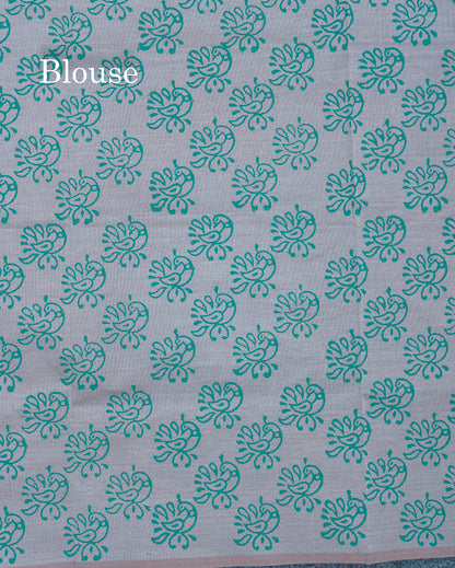Beautiful Peacock Green South Cotton Printed Saree With Contrast Grey White Blouse