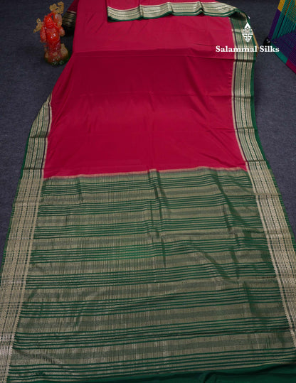 Beautiful Navy Blue Plain Semi Mysore Silk Saree With Contrast Pink Traditional Border