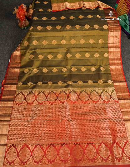 Pure Kanjivaram Silk Saree - Olive Green Colour Body With Maroon Border 