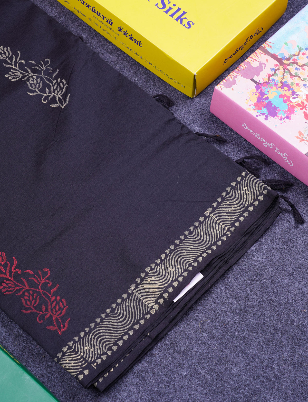 Beautiful Black South Cotton Printed Saree With Contrast Sandal White Blouse