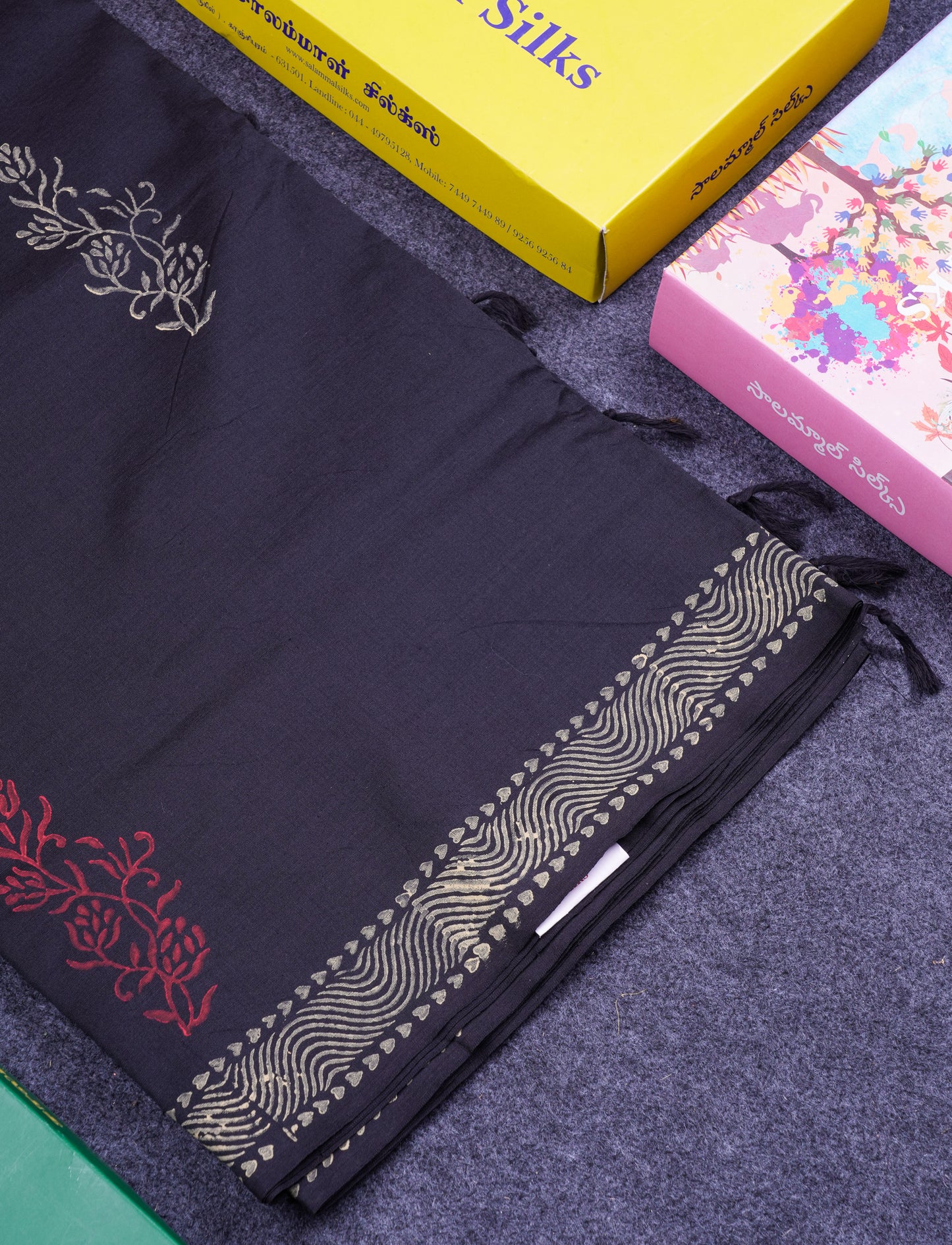 Beautiful Black South Cotton Printed Saree With Contrast Sandal White Blouse