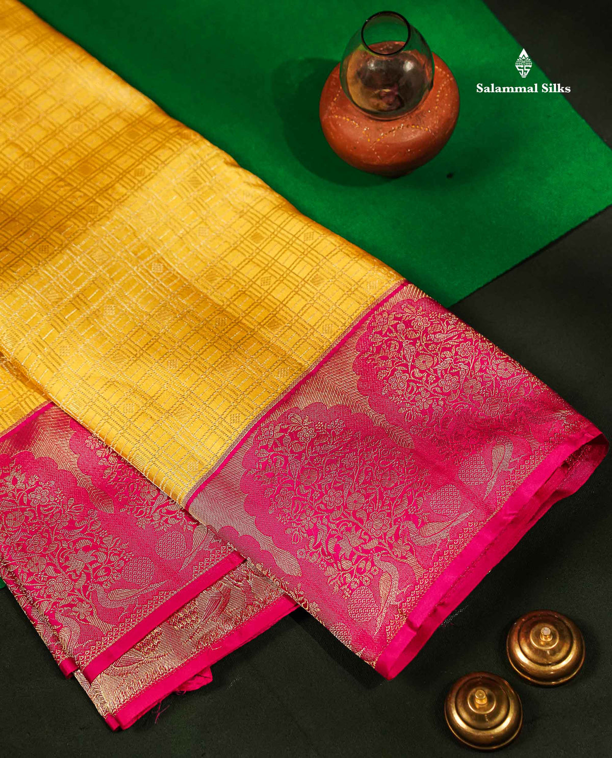 Beautiful Light Yellow Checks With Butta Bridal Pure Kanjivaram Silk Saree With Contrast Pink Fancy Border