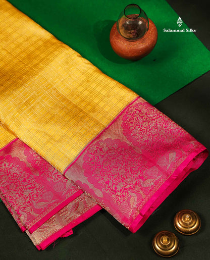 Beautiful Light Yellow Checks With Butta Bridal Pure Kanjivaram Silk Saree With Contrast Pink Fancy Border