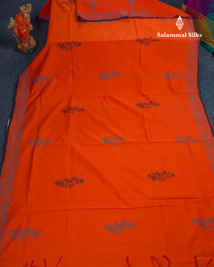 Beautiful Orange South Cotton Printed Saree With Contrast Black Blouse