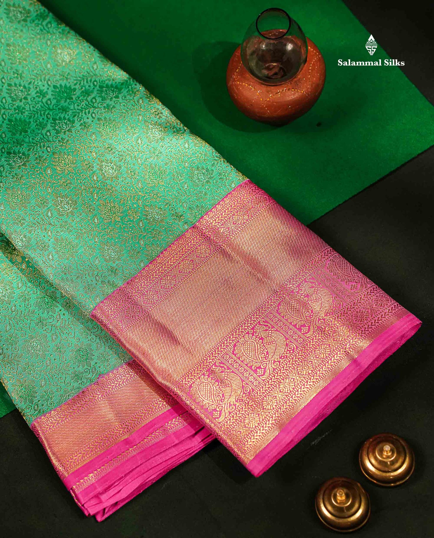 Beautiful Rexona Green Bridal 2G Pure Kanjivaram Silk Saree With Contrast Pink Traditional Evening Morning Border