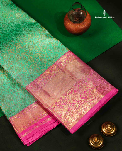 Beautiful Rexona Green Bridal 2G Pure Kanjivaram Silk Saree With Contrast Pink Traditional Evening Morning Border