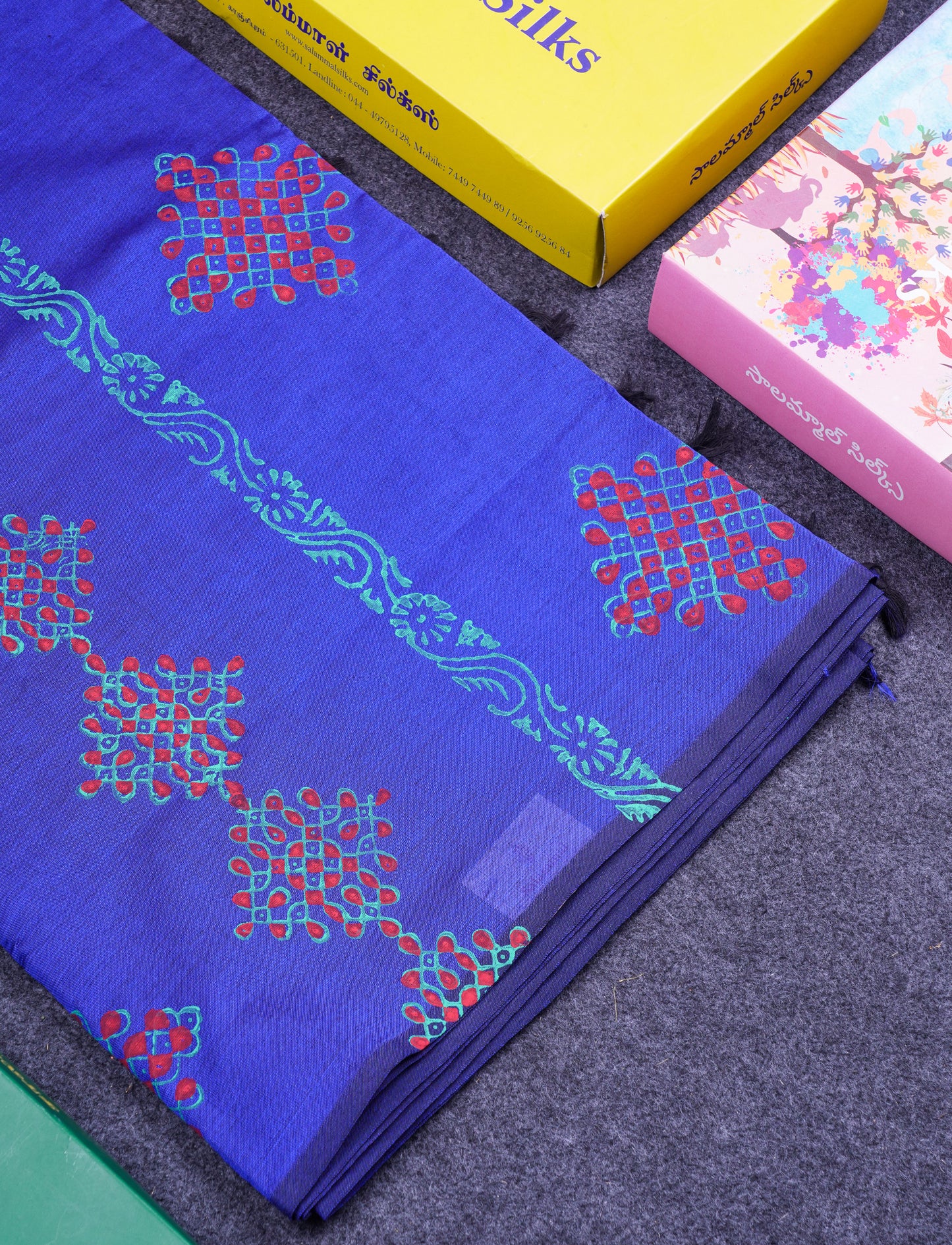 Beautiful Royal Blue South Cotton Printed Saree With Contrast Sapphire Blue Blouse