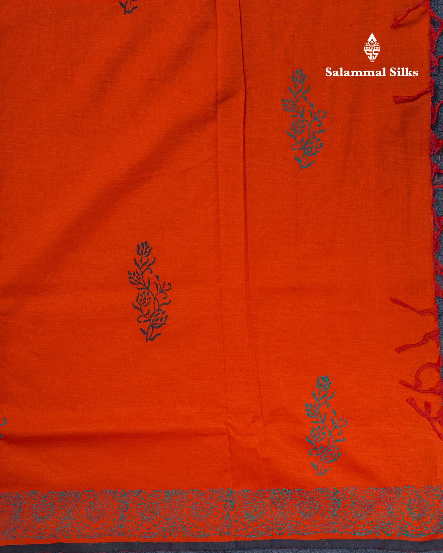 Beautiful Orange South Cotton Printed Saree With Contrast Black Blouse